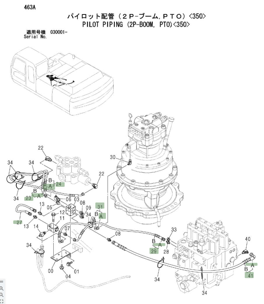 Hitachi ZX330LC installation diagram showing hydraulic hose 4452733 at Pipe No. 27