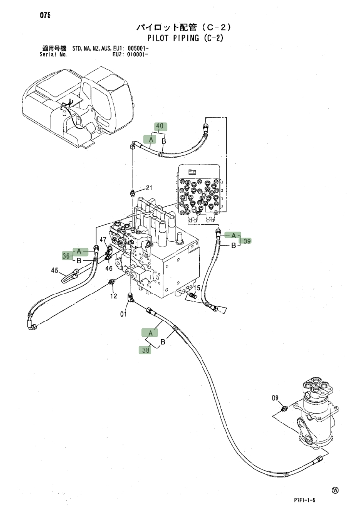 Hitachi ZX160LC installation diagram showing hydraulic hose 4437388 at Pipe No. 40A