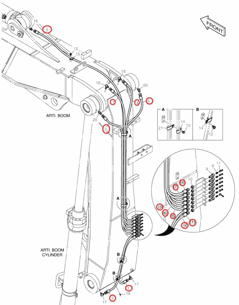 Doosan DX140LCR-3 installation diagram showing hydraulic hose 2184-1045D89 at Pipe No. 1