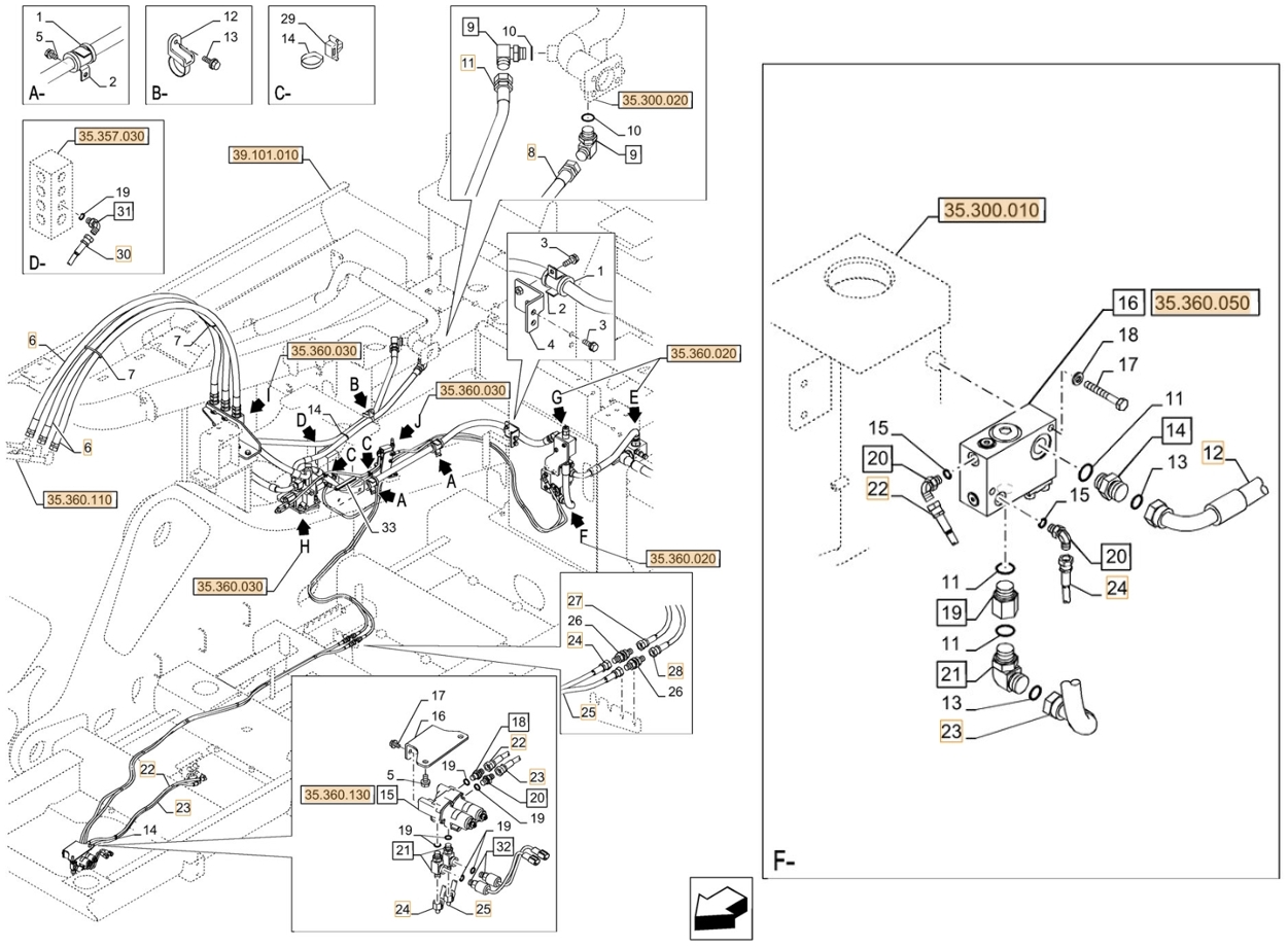 Case CX750D RTC ME installation diagram showing hydraulic hose KHJ2068 at Pipe No. D30-F22