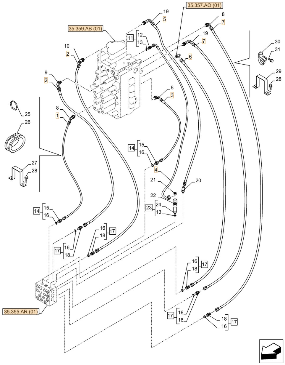 Case CX350D NLC installation diagram showing hydraulic hose KHJ13670 at Pipe No. 5
