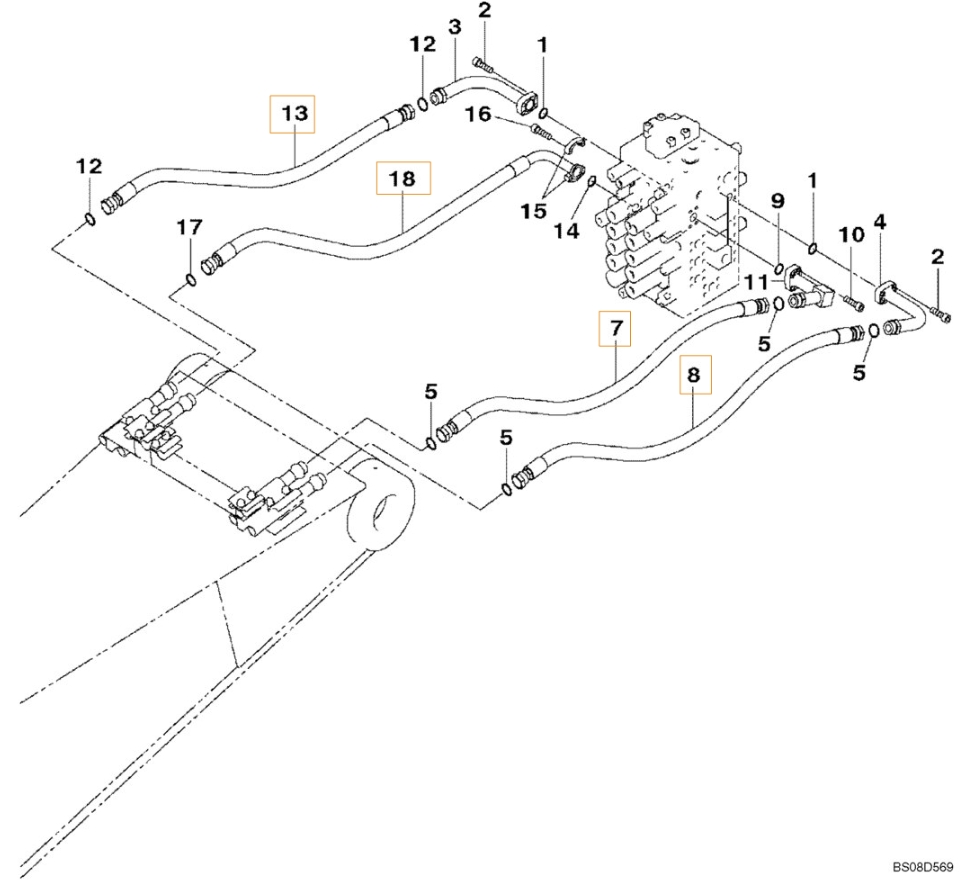 Case CX350B installation diagram showing hydraulic hose KSJ13730 at Pipe No. 13