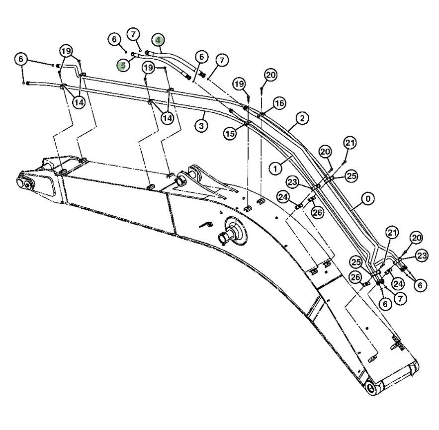 Hitachi ZX200LC-3 installation diagram showing hydraulic hose 4628514 at Pipe No. 5