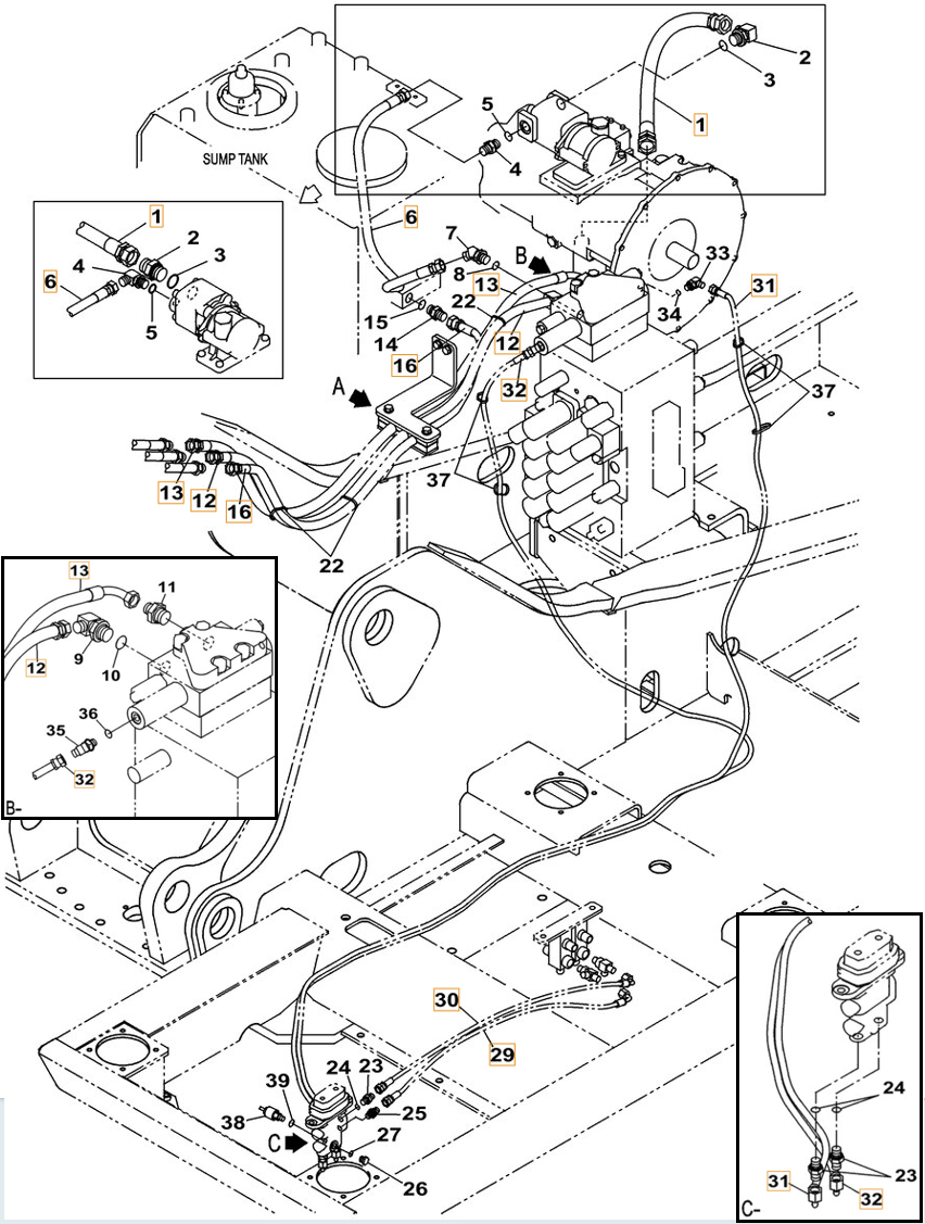 Case CX260C installation diagram showing hydraulic hose KHJ18020 at Pipe No. 31