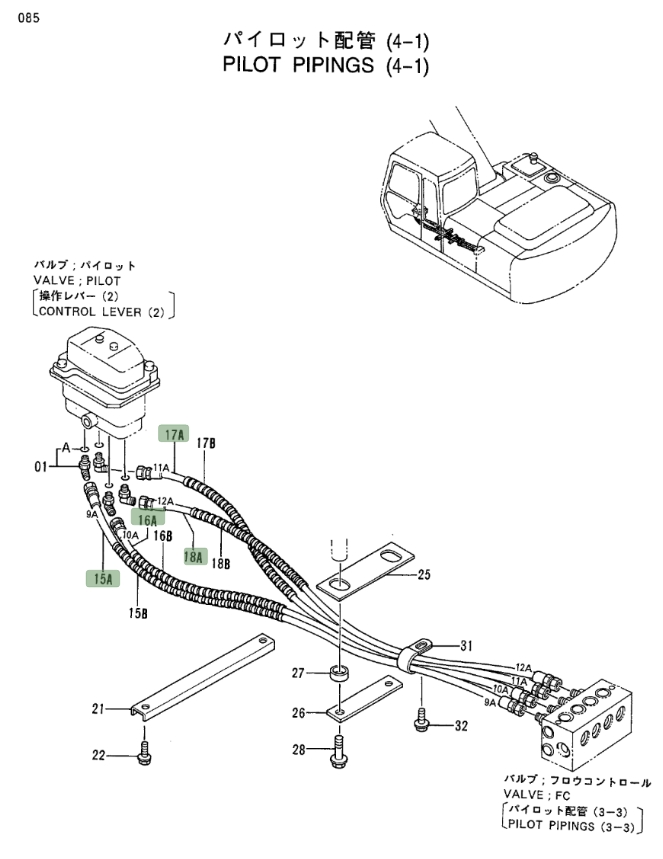 Hitachi EX200LC-3 installation diagram showing hydraulic hose 4330136 at Pipe No. 16A