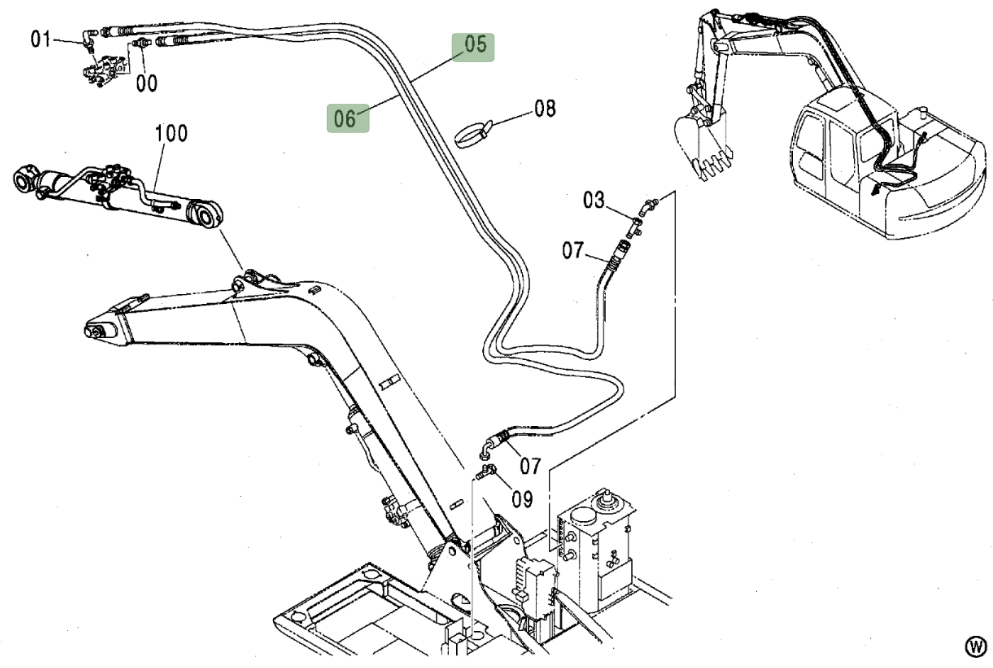 Hitachi ZX80 installation diagram showing hydraulic hose 4617647 at Pipe No. 5