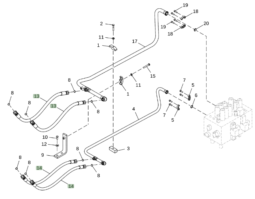 Hitachi ZX210LC-6N installation diagram showing hydraulic hose 4661965 at Pipe No. 13