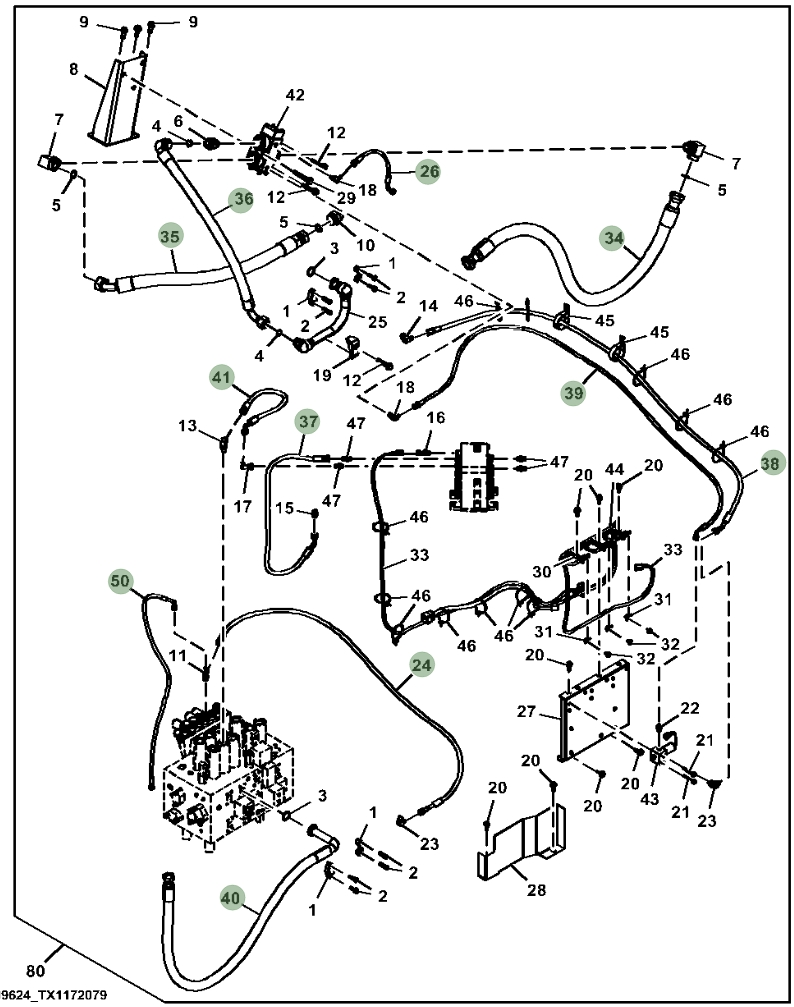 Hitachi ZX380LC-6N installation diagram showing hydraulic hose 4650195 at Pipe No. 34