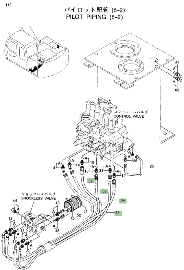 Hitachi EX120-5 installation diagram showing hydraulic hose 4346065 at Pipe No. 9