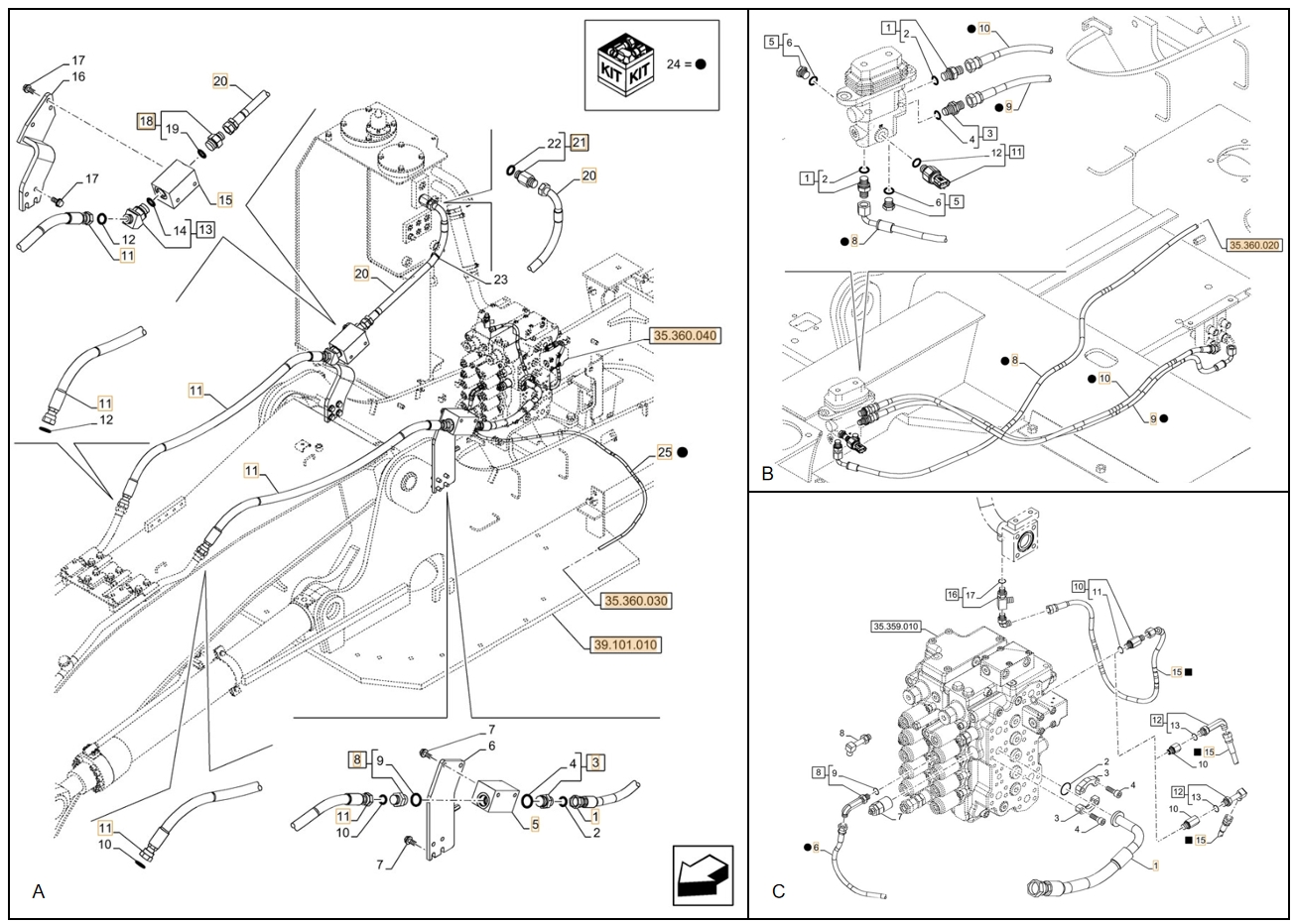 Case CX130D installation diagram showing hydraulic hose KHJ2199 at Pipe No. A25-B8-C6
