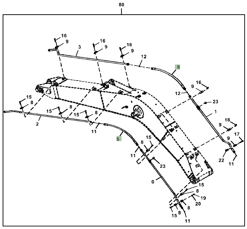 Hitachi ZX180LC-6N installation diagram showing hydraulic hose 4662954 at Pipe No. 6