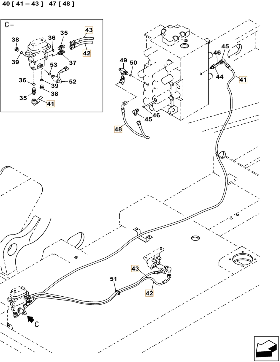 Case CX240C installation diagram showing hydraulic hose KHJ2309 at Pipe No. 48