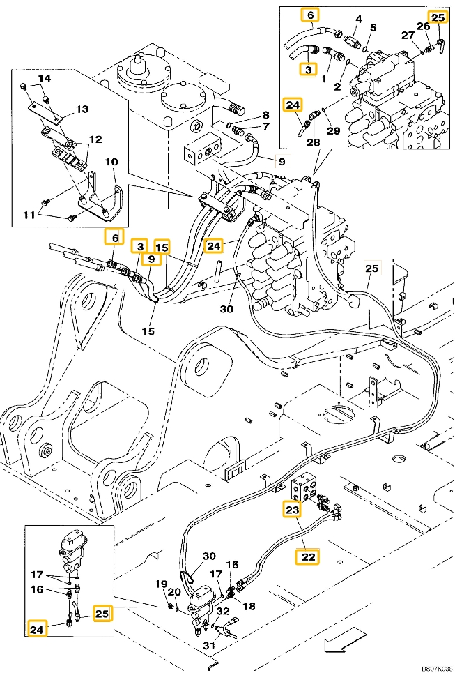 Case CX130B installation diagram showing hydraulic hose KHJ2088 at Pipe No. 22