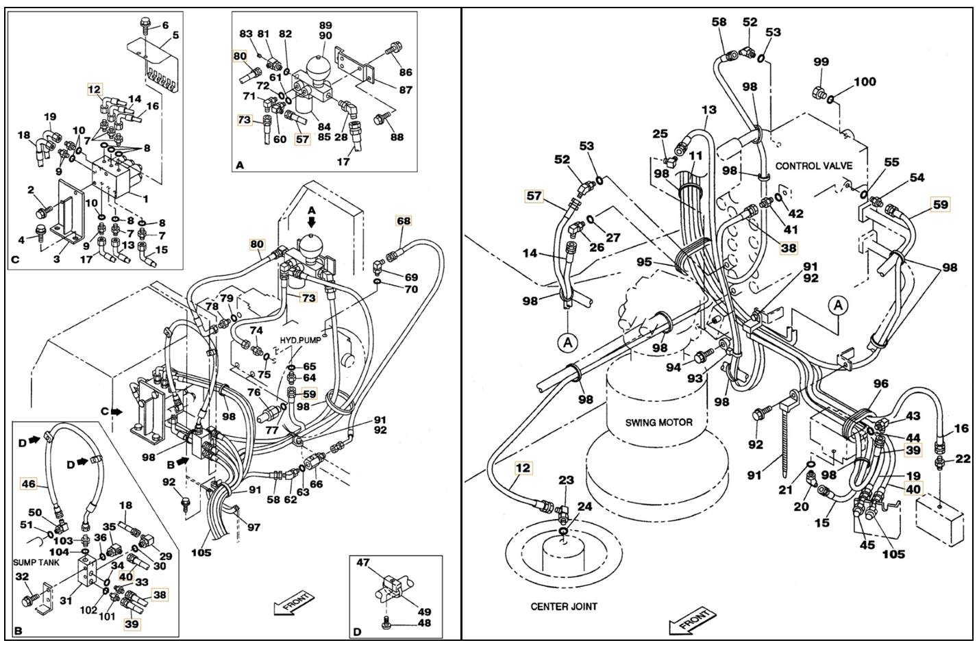 Case CX210 installation diagram showing hydraulic hose 153484A1 at Pipe No. 38