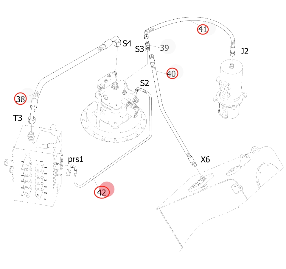 Sunward SWE215F-5 installation diagram showing hydraulic hose 730501001296 at Pipe No. 41