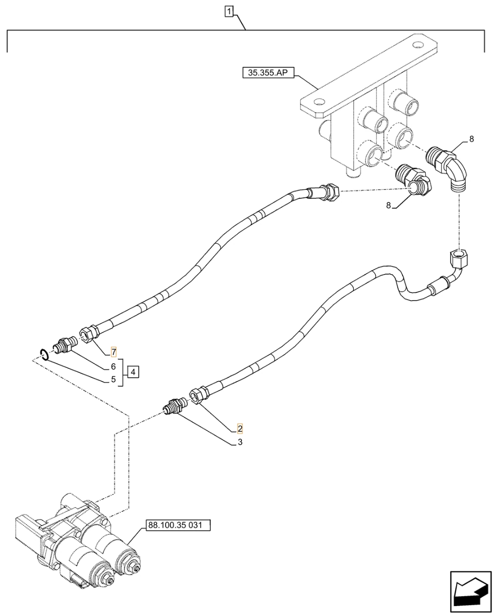 Case CX500D LC installation diagram showing hydraulic hose KHJ2092 at Pipe No. 2