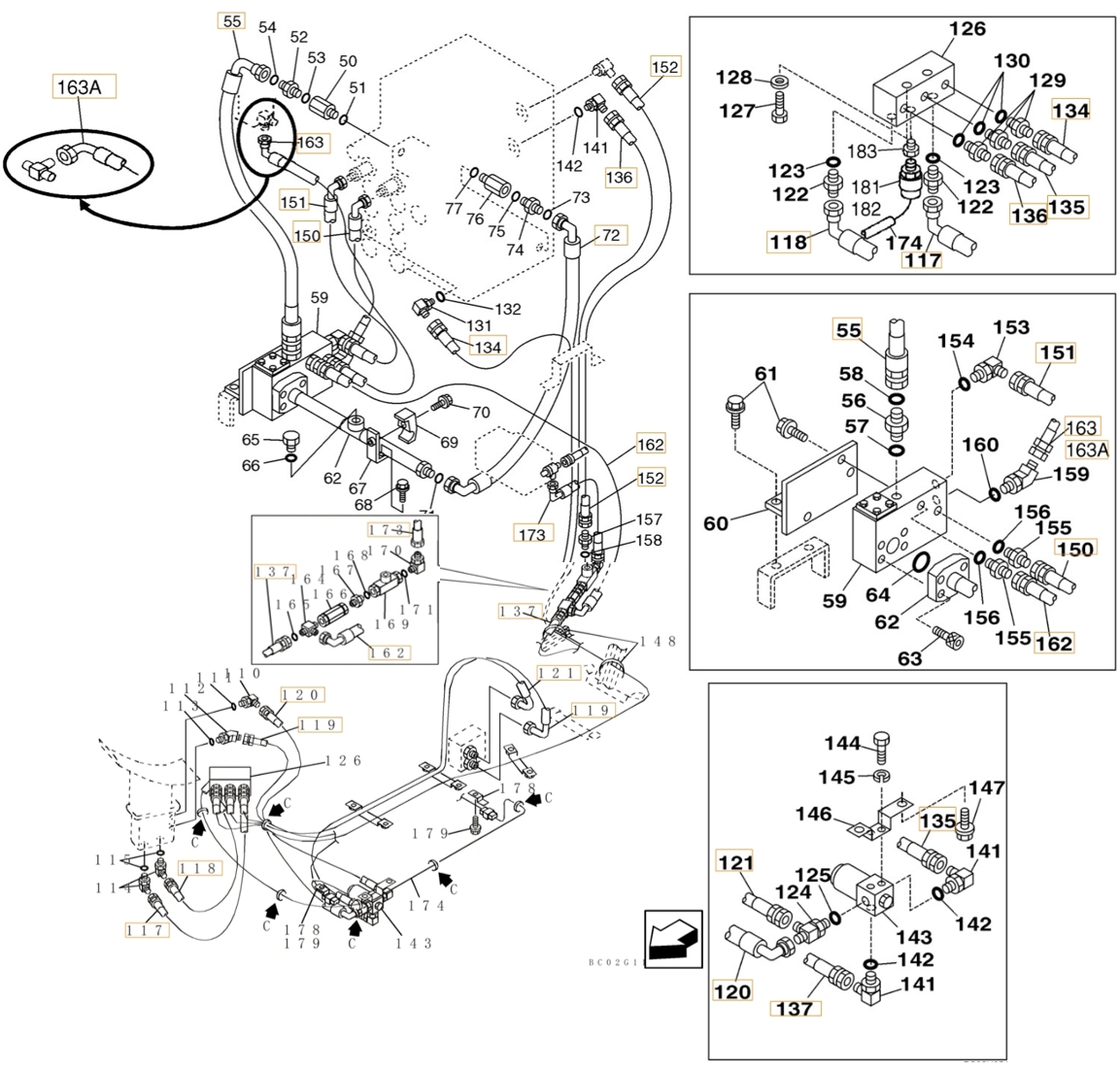 Case CX210N installation diagram showing hydraulic hose 159235A1 at Pipe No. 150