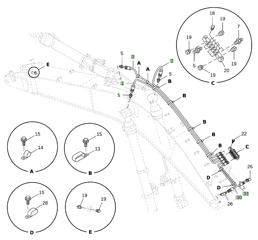 Hitachi ZX470LC-5B installation diagram showing hydraulic hose 4450779 at Pipe No. 31