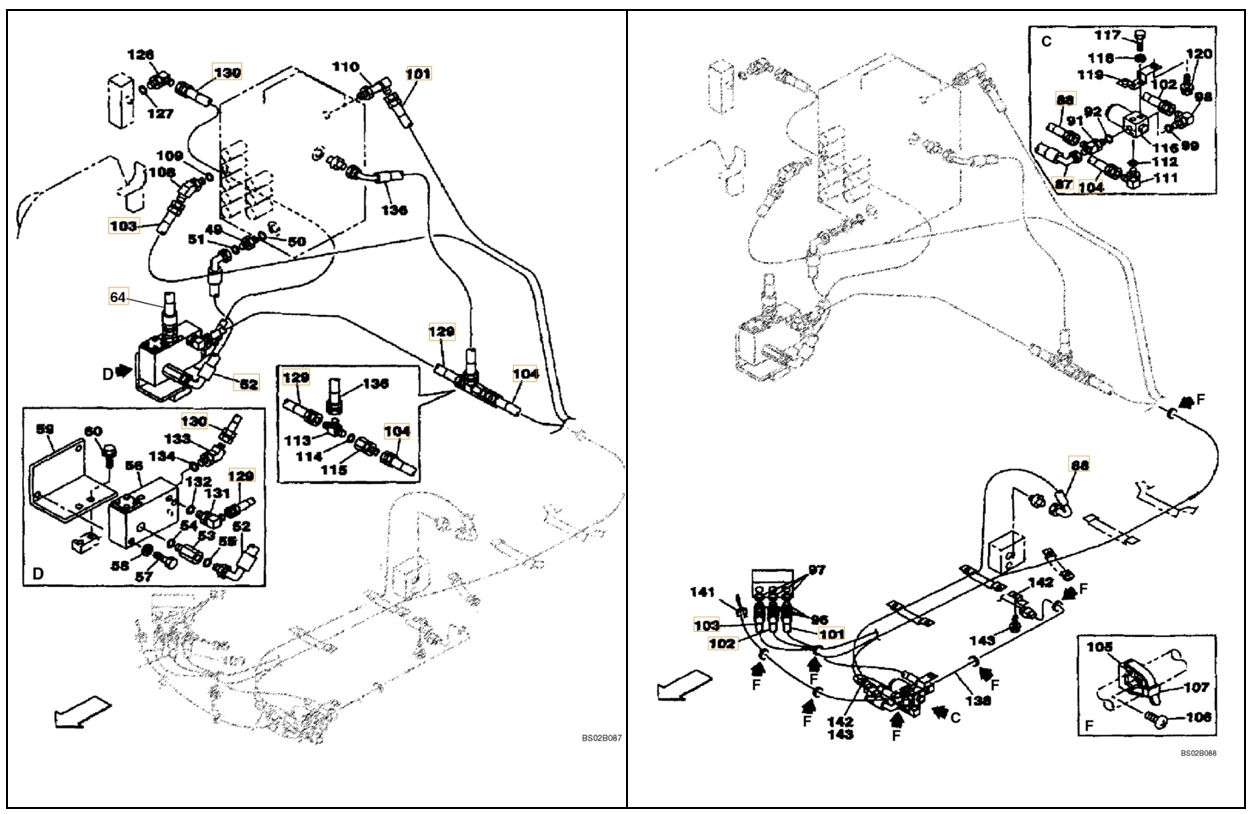 Case CX130 installation diagram showing hydraulic hose 167352A1 at Pipe No. 87