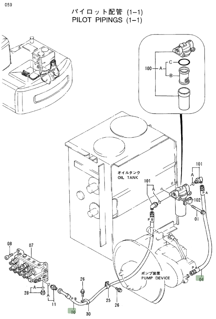 Hitachi EX100-3 installation diagram showing hydraulic hose 4323030 at Pipe No. 4