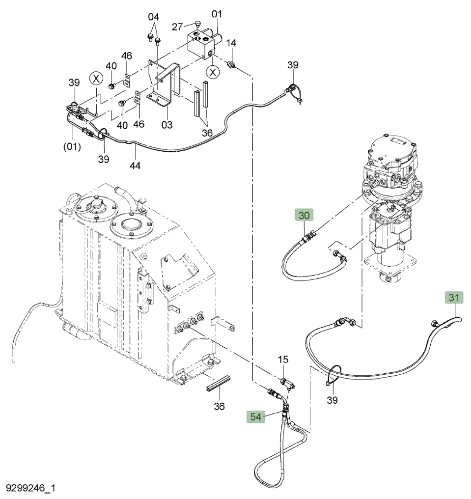 Hitachi ZX50U-3 installation diagram showing hydraulic hose 4424949 at Pipe No. 54