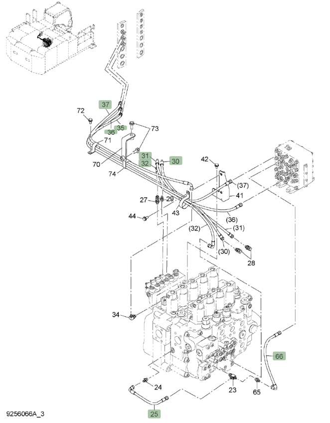 Hitachi ZX650LC-3 installation diagram showing hydraulic hose 4634381 at Pipe No. 36