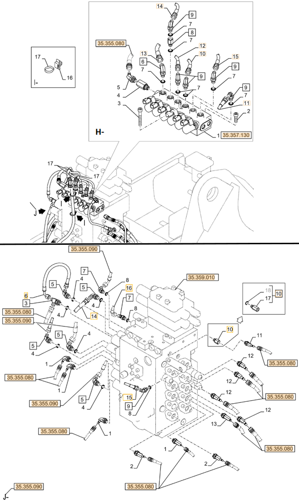 Case CX245D installation diagram showing hydraulic hose KHJ2342 at Pipe No. J6