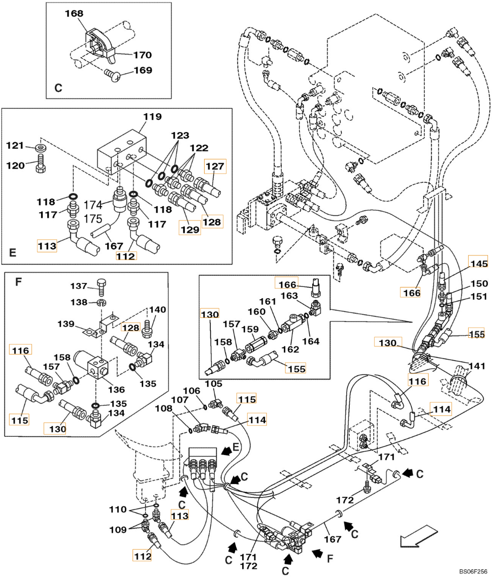 Case CX290 installation diagram showing hydraulic hose 164236A1 at Pipe No. 114