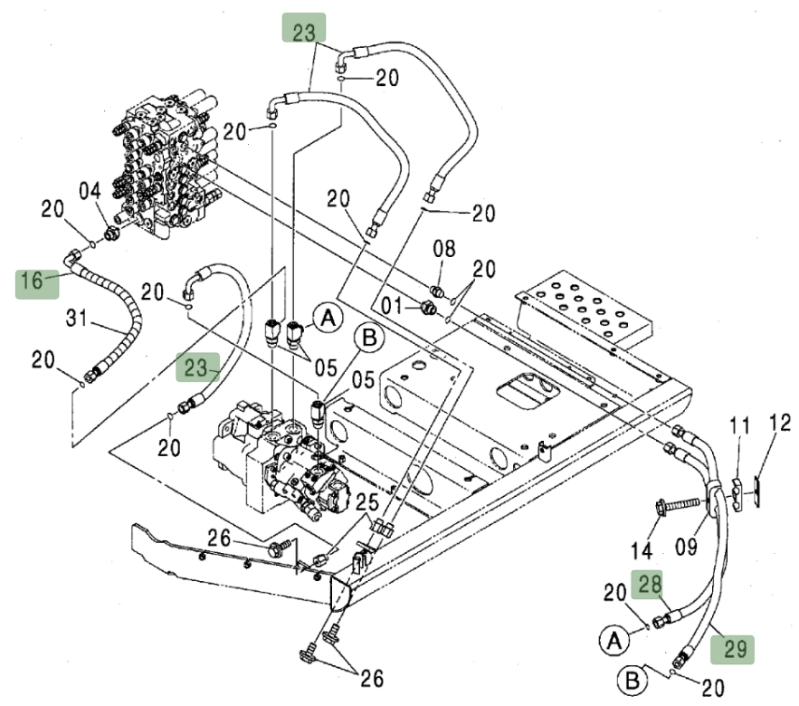 Hitachi ZX80 installation diagram showing hydraulic hose 4455528 at Pipe No. 29