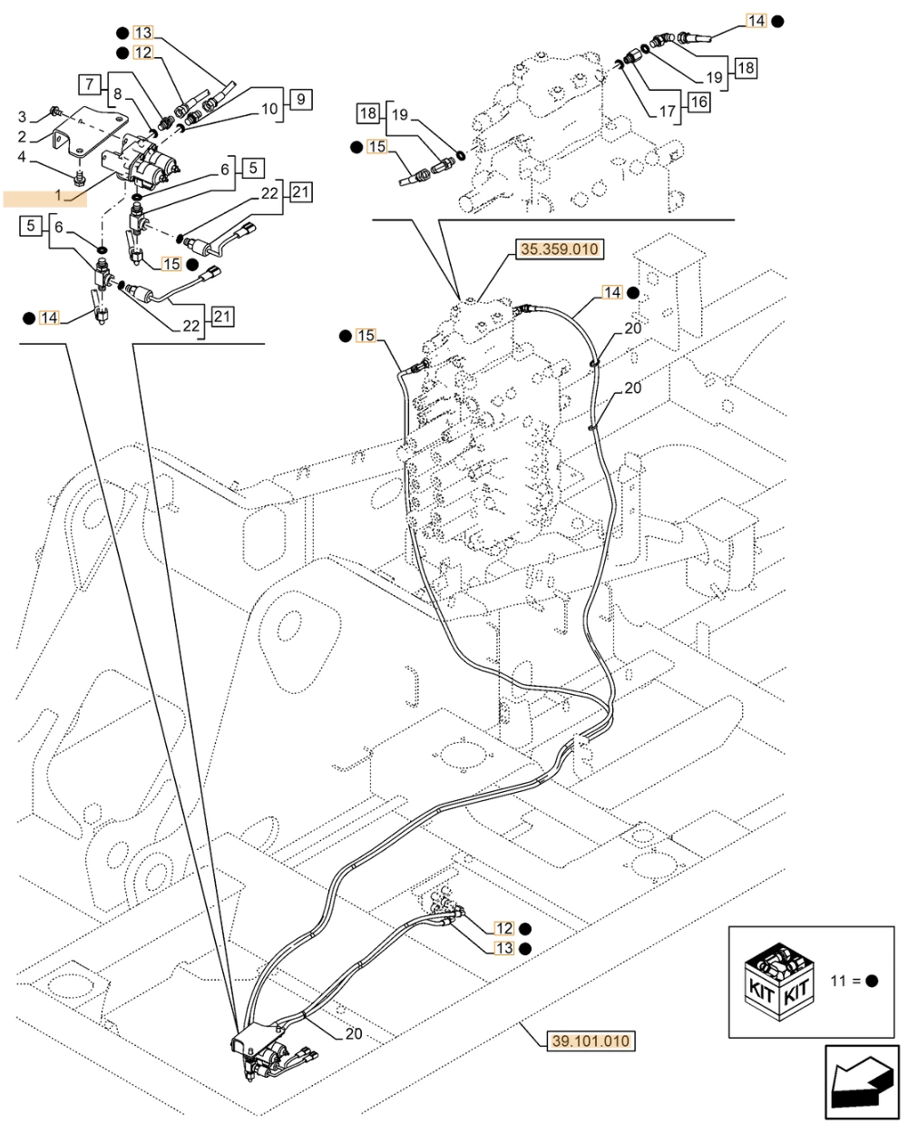 Case CX210E LC installation diagram showing hydraulic hose KHJ2088 at Pipe No. 12