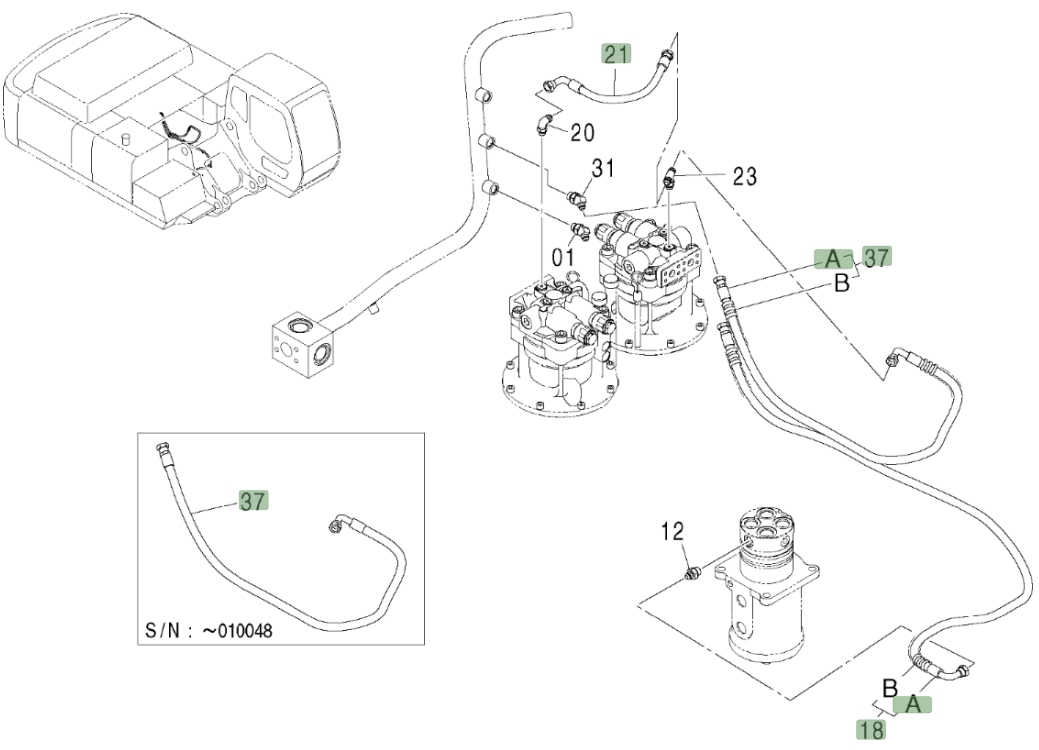 Hitachi ZX450LC installation diagram showing hydraulic hose 4313170 at Pipe No. 18A