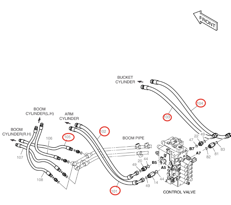 Doosan DX140LC-3 installation diagram showing hydraulic hose DS20111208 at Pipe No. 105