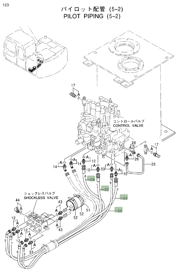 Hitachi EX100M-5 installation diagram showing hydraulic hose 4346060 at Pipe No. 4