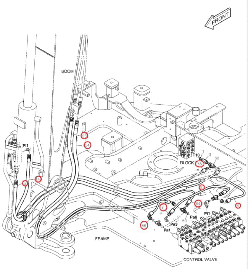 Doosan DX60R installation diagram showing hydraulic hose DS2093664 at Pipe No. 4