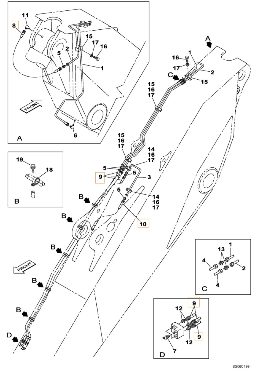 Case CX700 installation diagram showing hydraulic hose KHJ2048 at Pipe No. 8