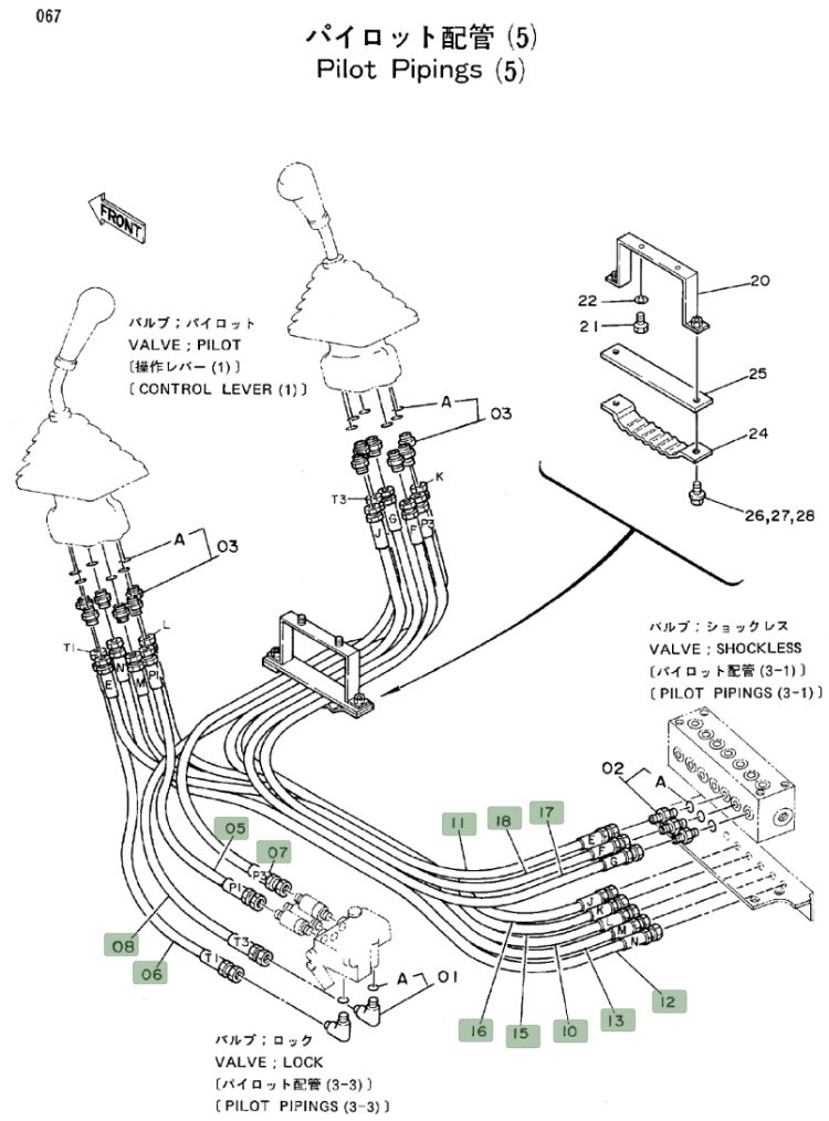 Hitachi EX150 installation diagram showing hydraulic hose 4203028 at Pipe No. 8