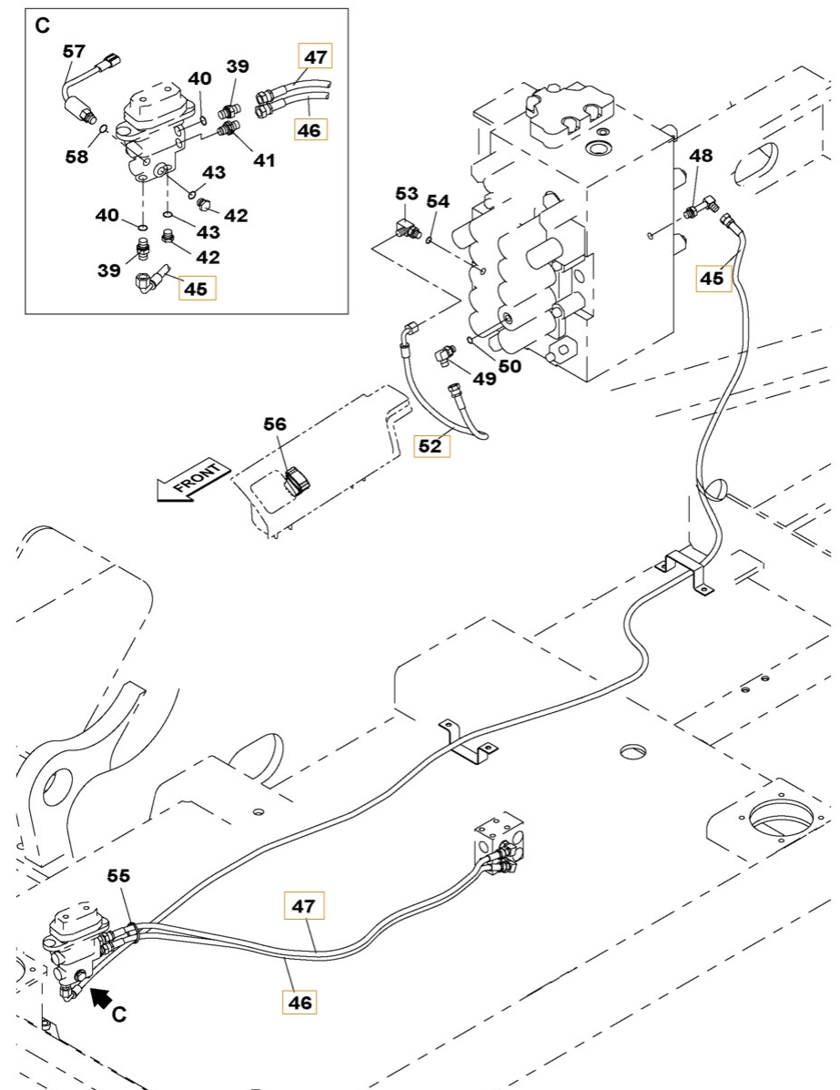 Case CX300B installation diagram showing hydraulic hose KHJ2050 at Pipe No. 46