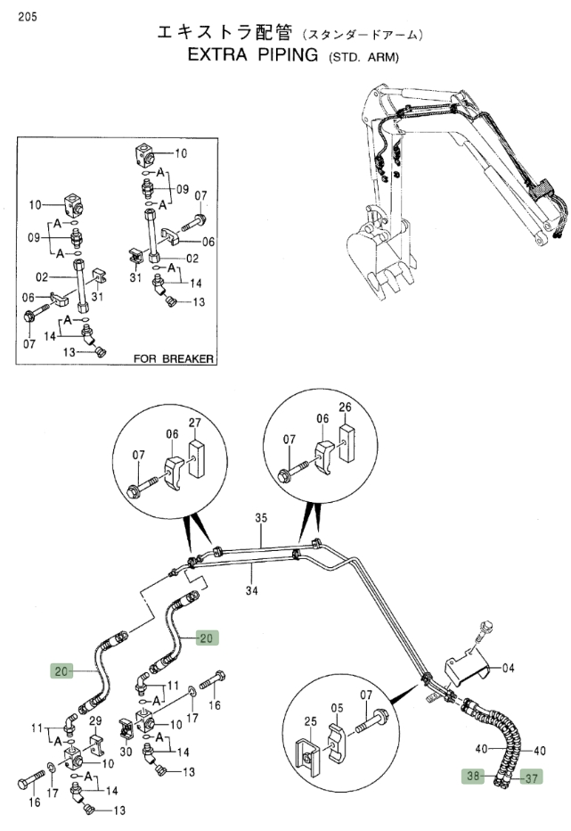 Hitachi EX27U installation diagram showing hydraulic hose 4429714 at Pipe No. 38