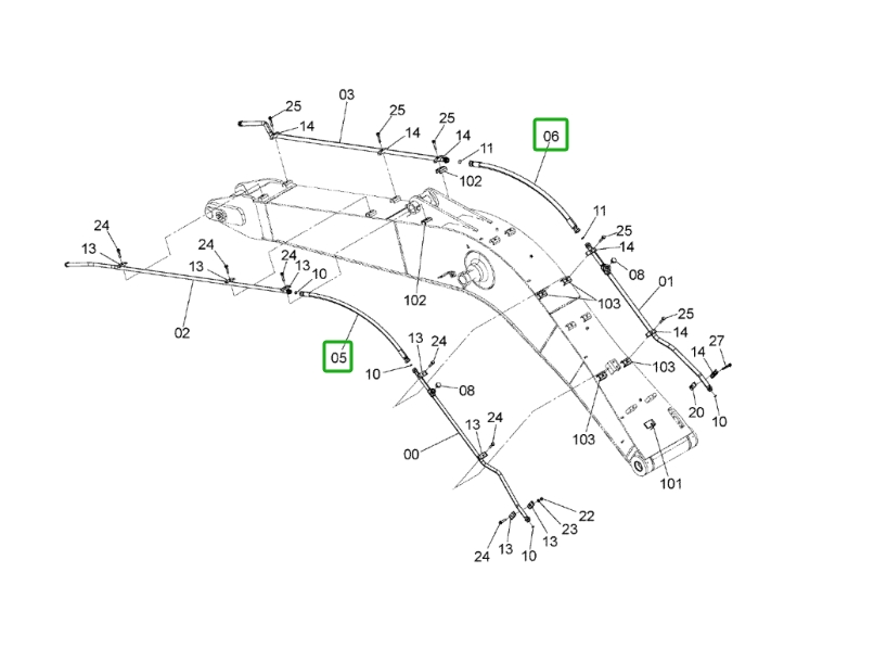 Hitachi ZX160LC-3 installation diagram showing hydraulic hose 4649213 at Pipe No. 6