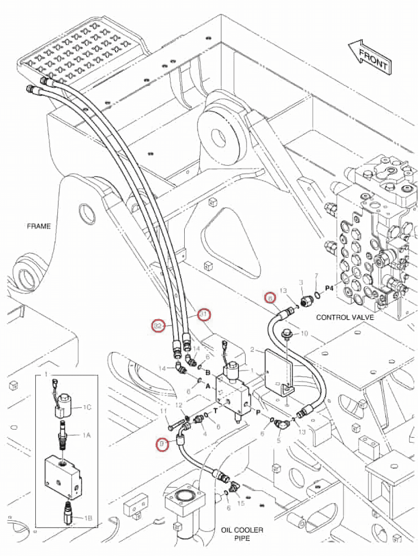 Doosan DX140LC installation diagram showing hydraulic hose DS2094122 at Pipe No. 32