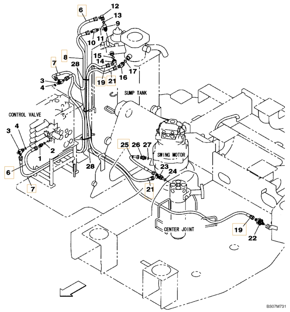 Case CX75SR installation diagram showing hydraulic hose KHJ2092 at Pipe No. 7