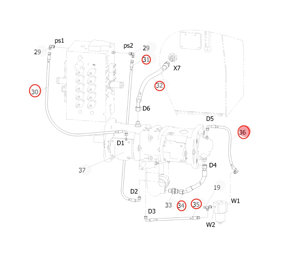 Sunward SWE210 installation diagram showing hydraulic hose 730502002465 at Pipe No. 31