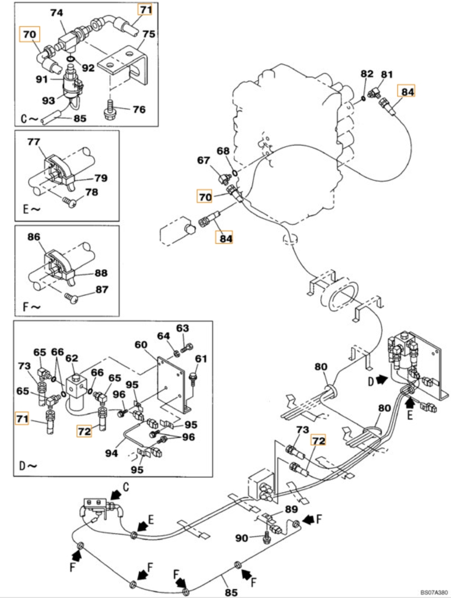 Case CX460 installation diagram showing hydraulic hose 157852A1 at Pipe No. 84