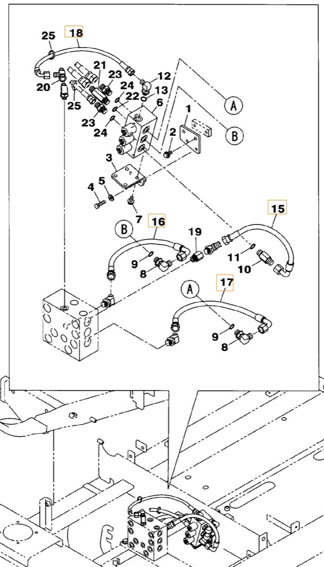 Case CX210BLR installation diagram showing hydraulic hose KHJ2149 at Pipe No. 15