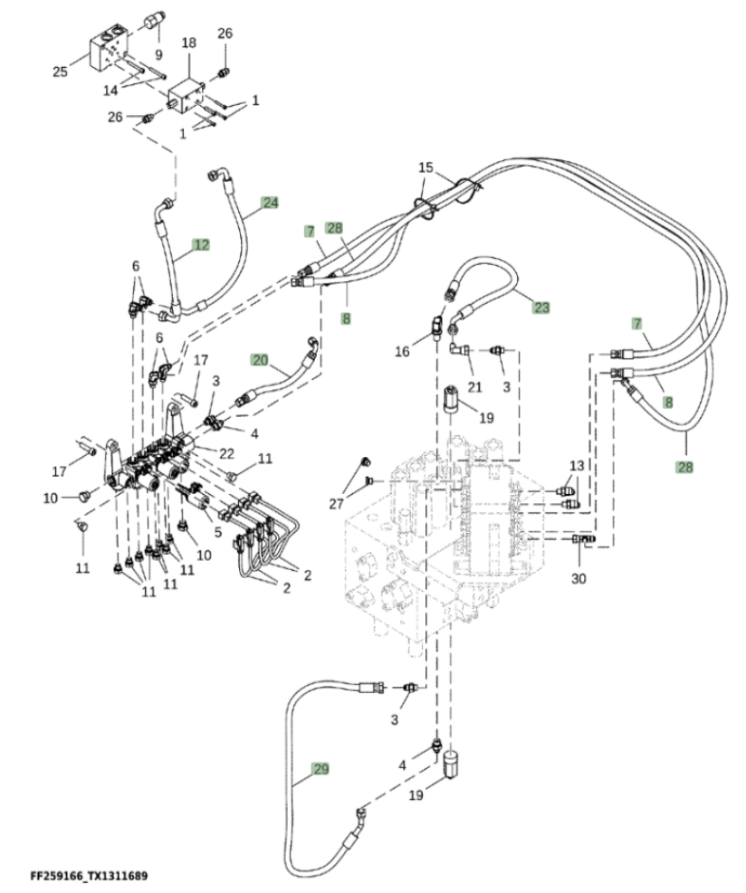 Hitachi ZX370F-FE-6N installation diagram showing hydraulic hose FF502640 at Pipe No. 8