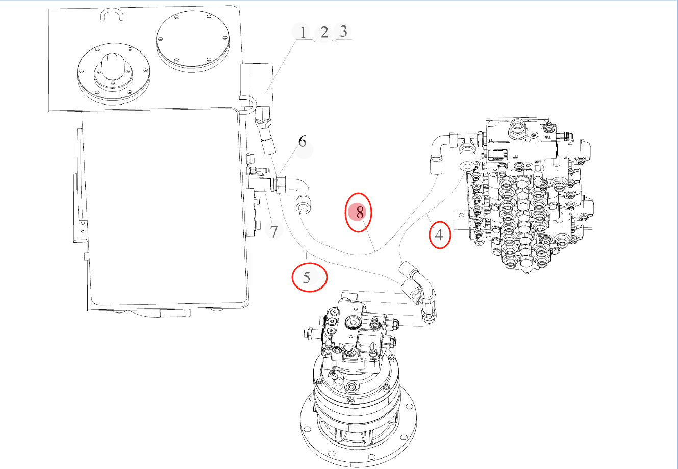 Sunward SWE80F-1A installation diagram showing hydraulic hose 73050200B688 at Pipe No. 5