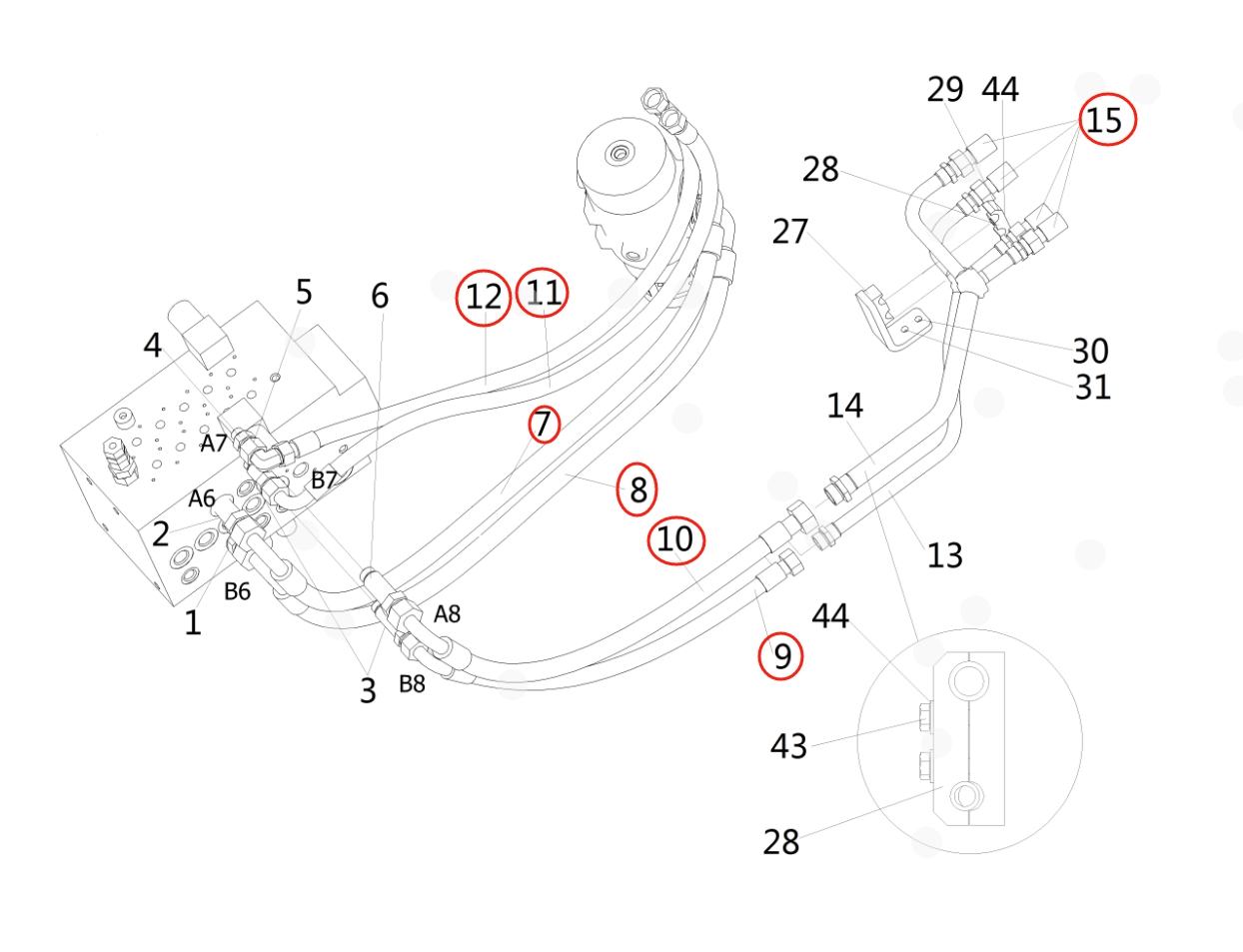 Sunward SWE155E installation diagram showing hydraulic hose 73050200A064 at Pipe No. 12