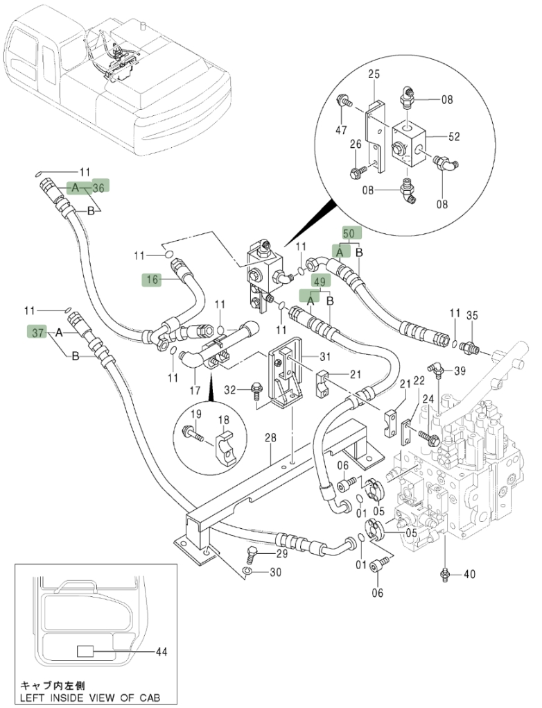 Hitachi ZX370 installation diagram showing hydraulic hose 4265832 at Pipe No. 36A