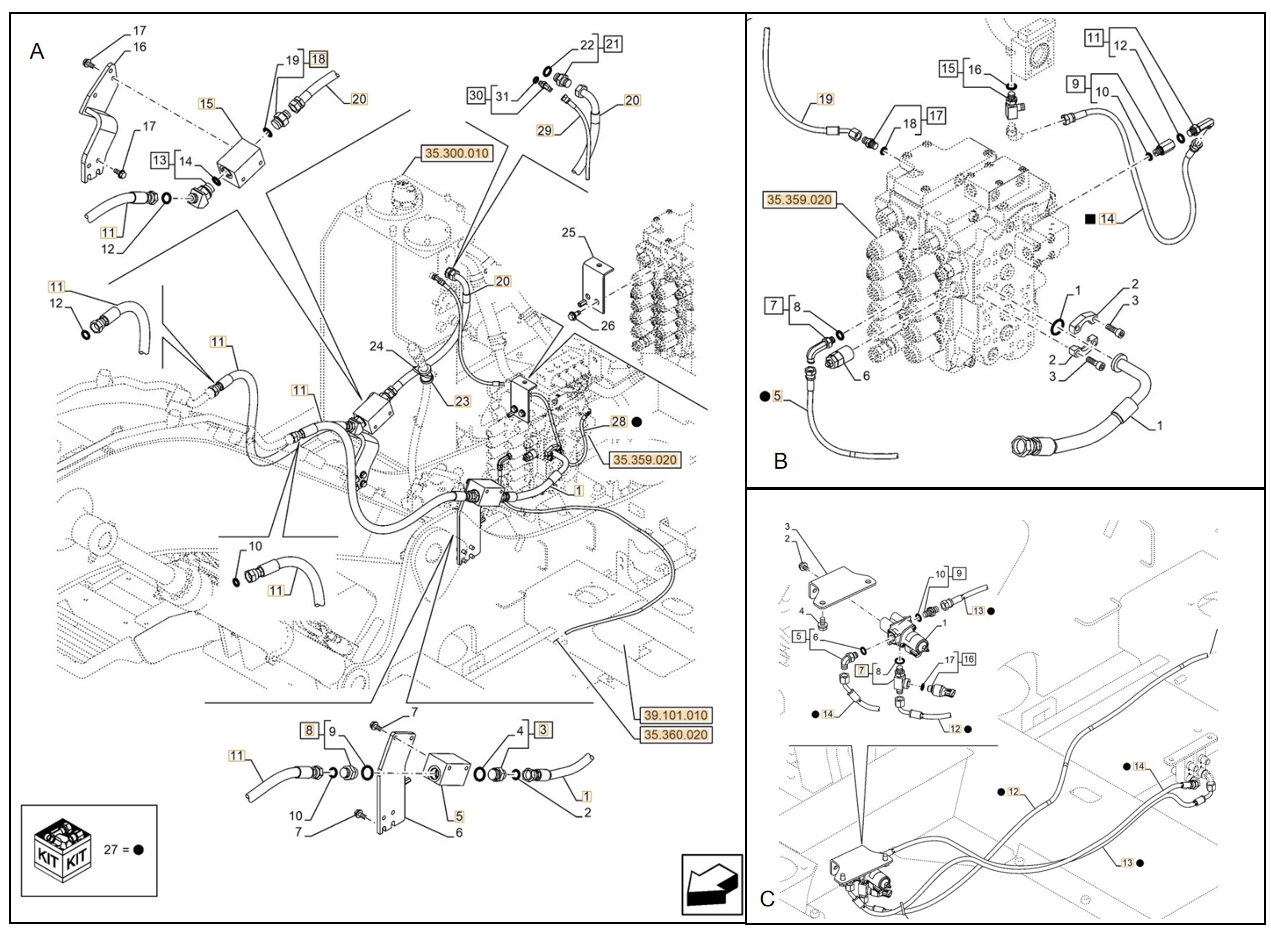 Case CX130E installation diagram showing hydraulic hose KHJ2092 at Pipe No. C13