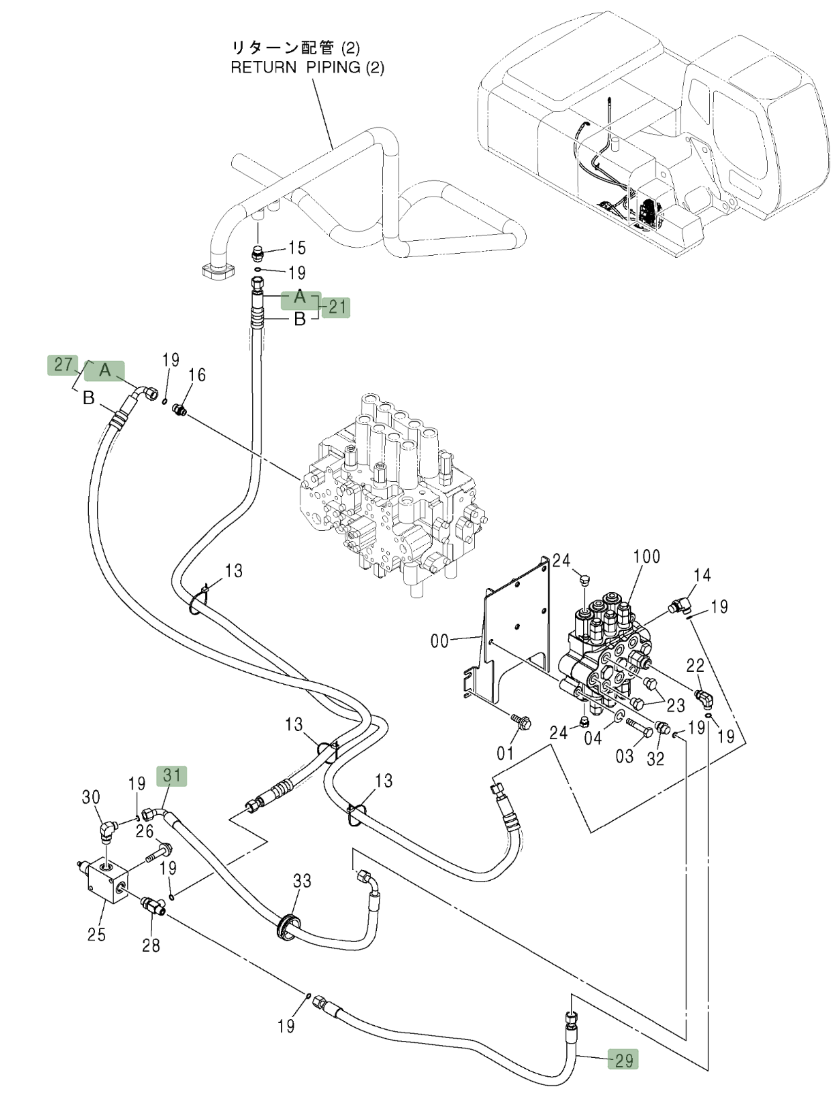 Hitachi ZX210W installation diagram showing hydraulic hose 4484097 at Pipe No. 21A